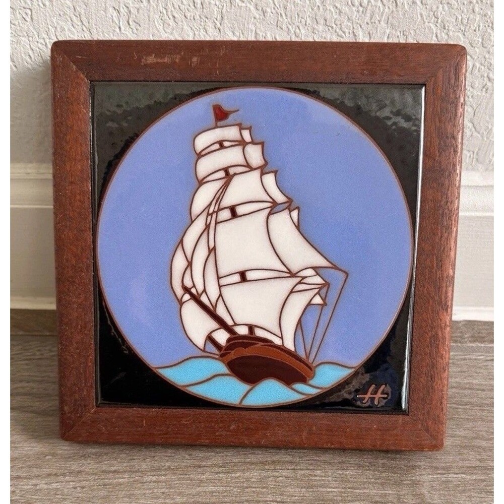 Vintage Hand Painted Italian Tile Ship With Sails Boat Wooden Frame MCM no Chips